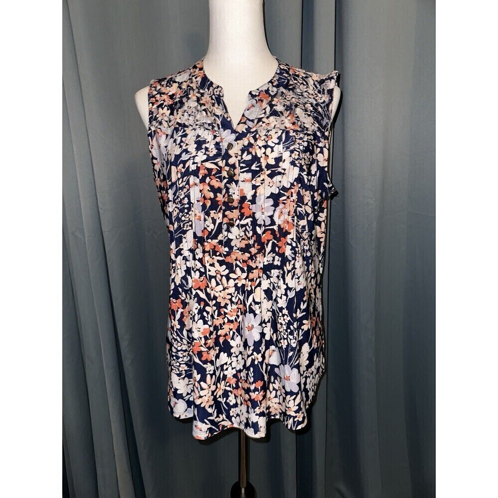 AVA & GRACE Multicolor Tunic Sleeveless Mesh Overlay Pintuck Pleated Blouse L